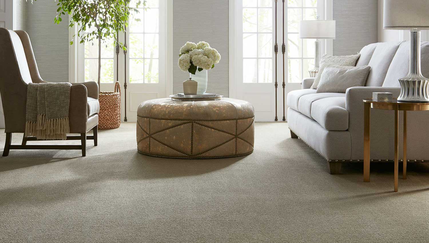 Karastan living room scene with couches and plants