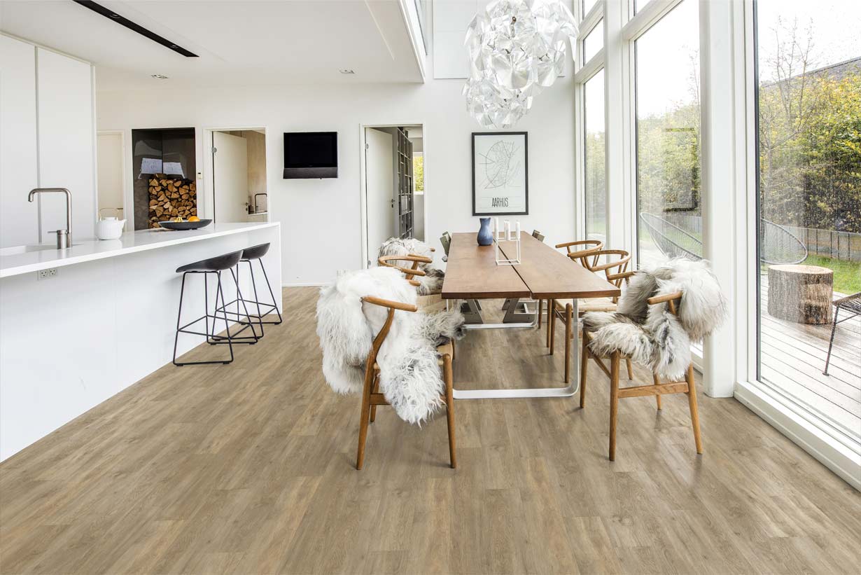 dining room scene with luxury vinyl and furry dining chairs