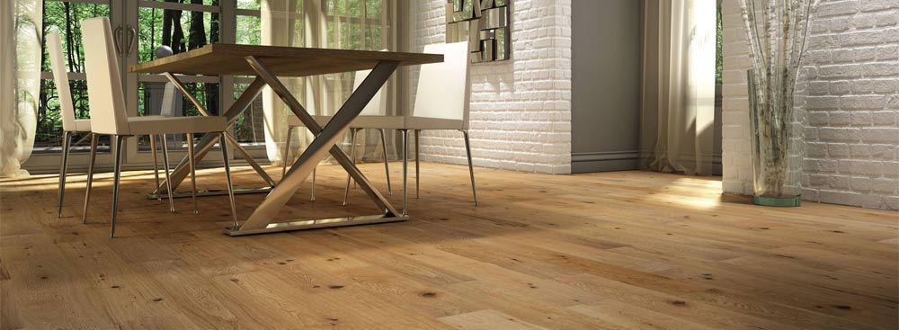 Tan hardwood room scene with dining room table