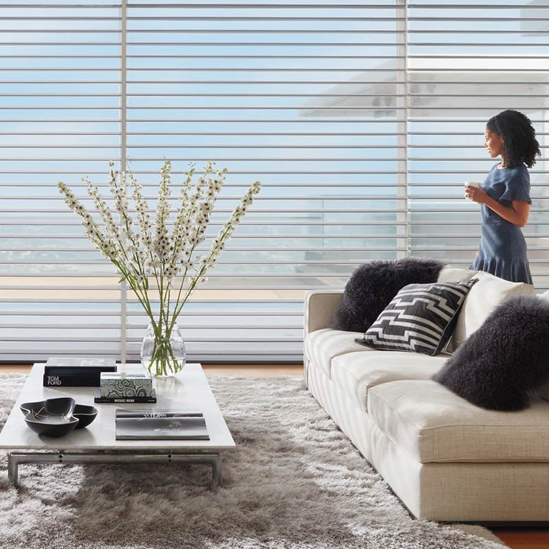 White window shades with light grey couch and blue and white pillows